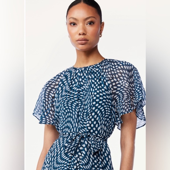 Green & White dotted raglan Sleeve Tie Waist tiered chiffon look dress size smal - Picture 3 of 10